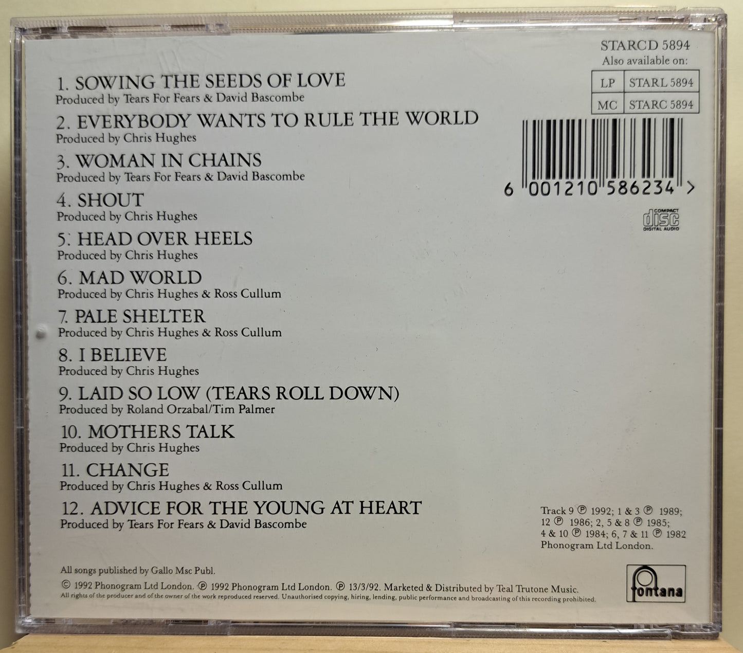 Tears for Fears - Tears Roll Down (Greatest Hits 82~92l) cd